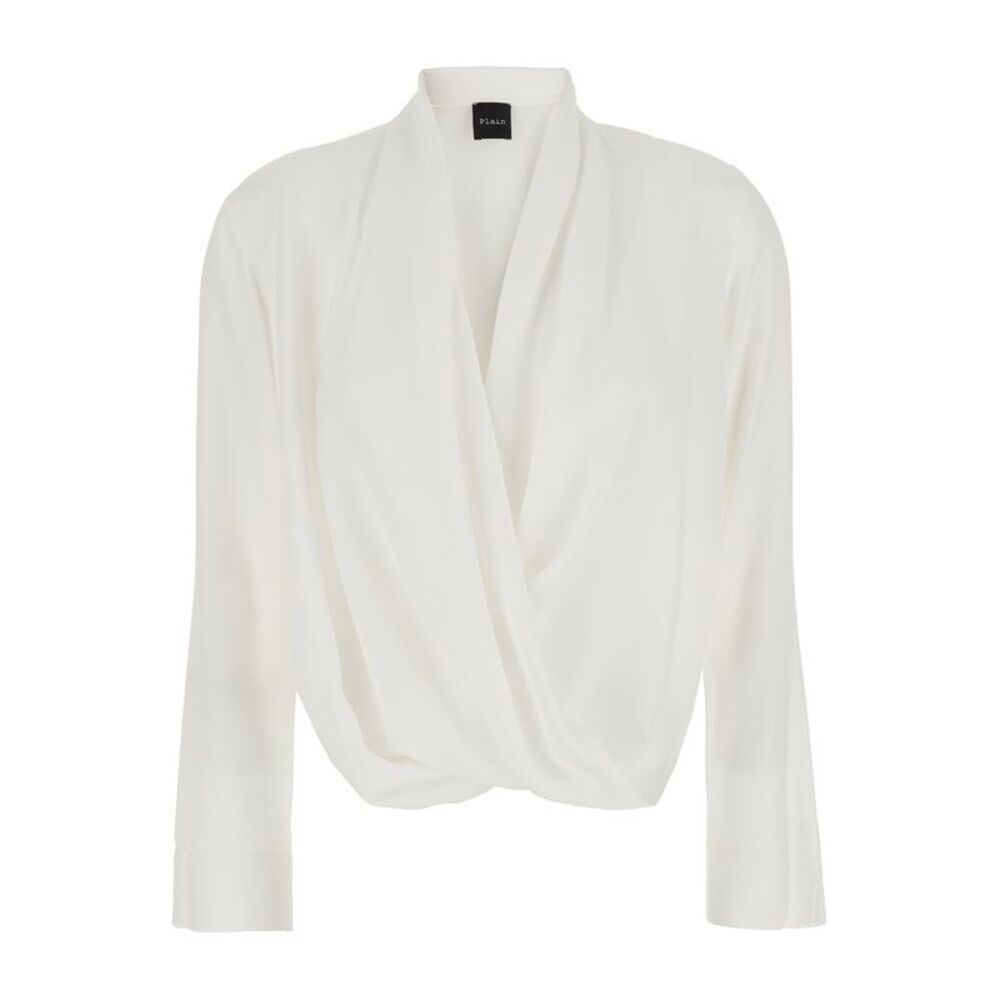Plain Women White Blouse With Front Neckline And Ruffles In Fabric Woman